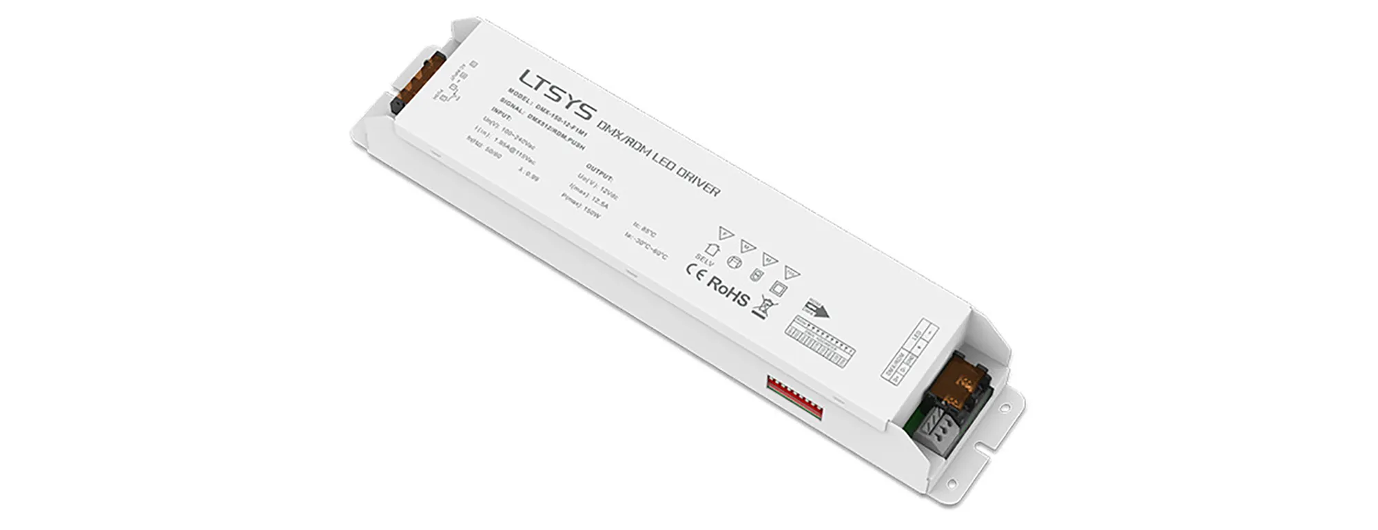 DMX-150-12-F2M1  DMX512/RDM, Push Dim, PWM, 150W, C.Voltage Dimmable Driver, 12V 6.25A x 2CH, EFF>91%, 3yrs Warranty.